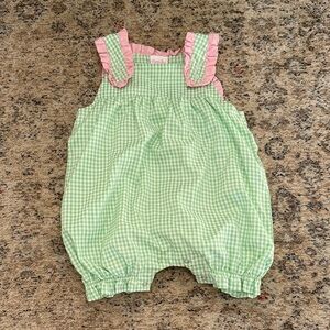 Stitchy Fish Green Gingham Baby Romper with Pink Ruffle Straps- Size 2T